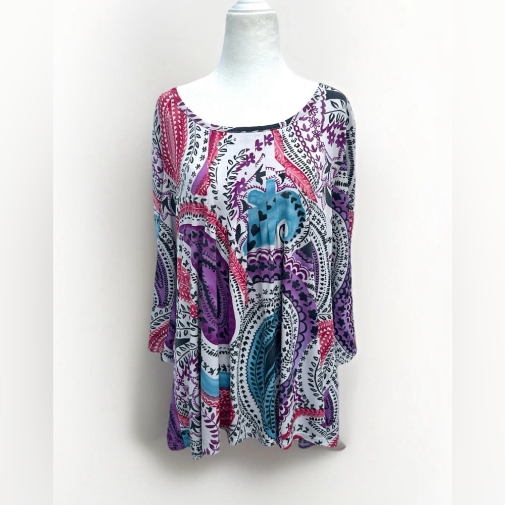 Susan Graver Liquid Knit Top Sz L Paisley Print Tunic Stretch 3/4 Sleeve Boho